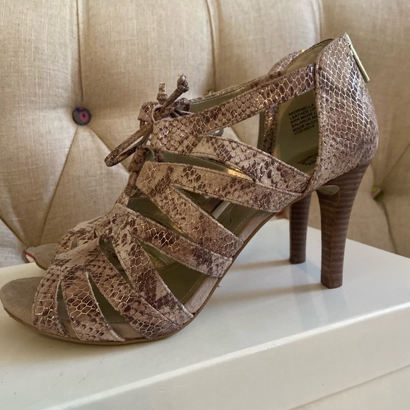 Anne Klein Shoes - • Anne Klein • leather peep toe snakeskin lace up sandal